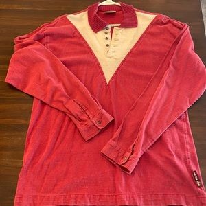 Split 1/4 collared Henley Long sleeve shirt red and white LG